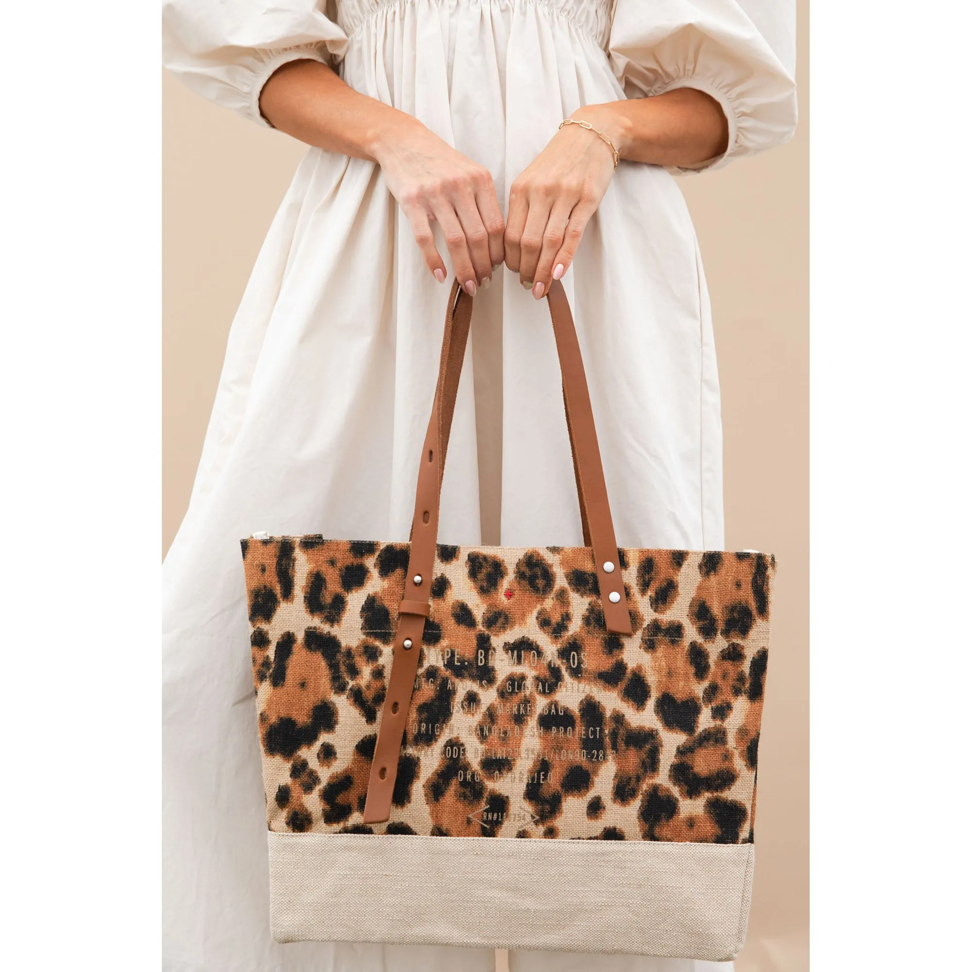 Shoulder Market Bag in Cheetah Print with Monogram