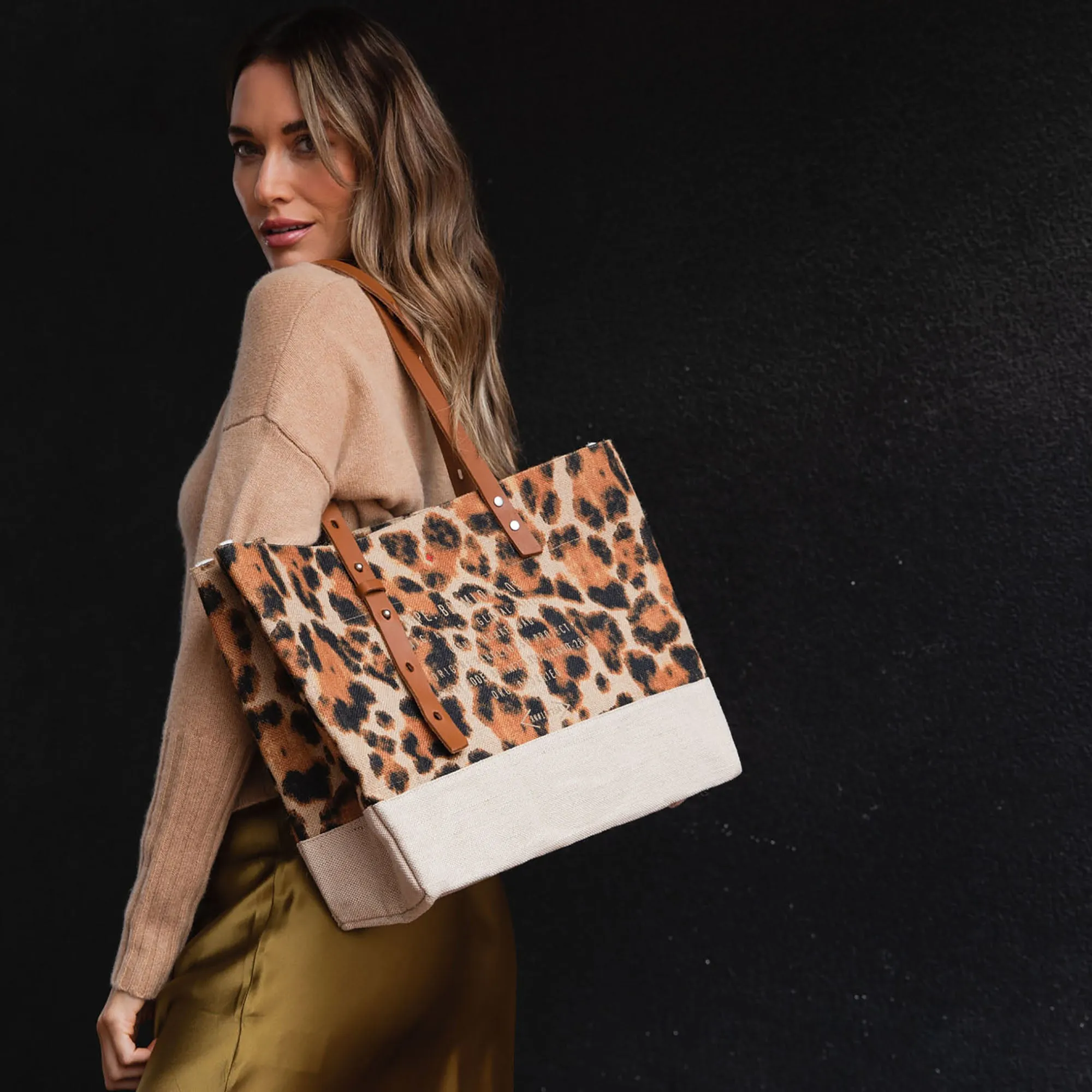 Shoulder Market Bag in Cheetah Print with Monogram