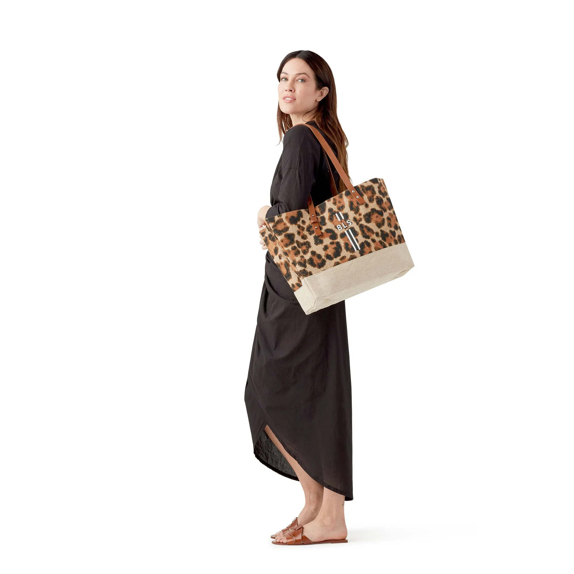 Shoulder Market Bag in Cheetah Print with Monogram