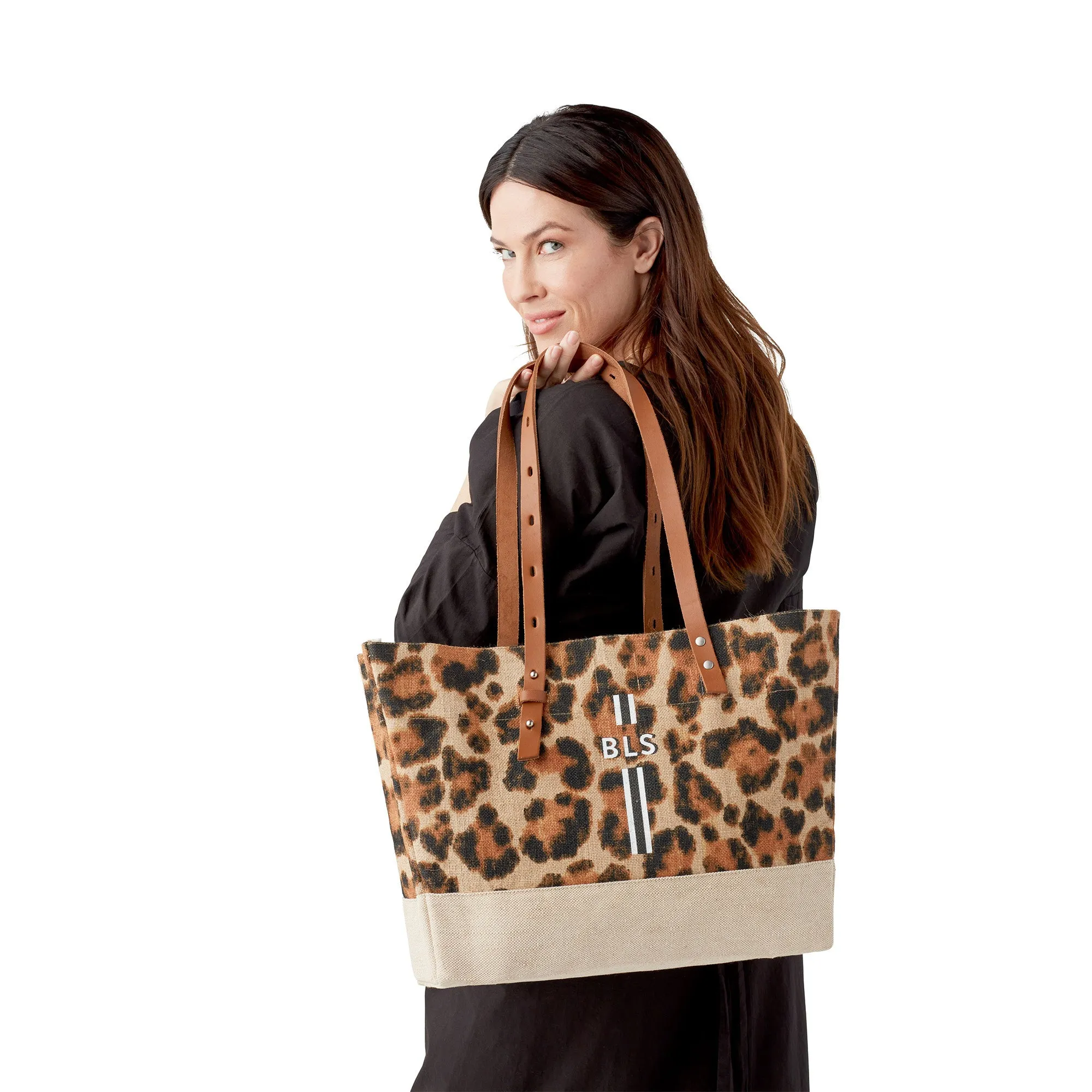 Shoulder Market Bag in Cheetah Print with Monogram