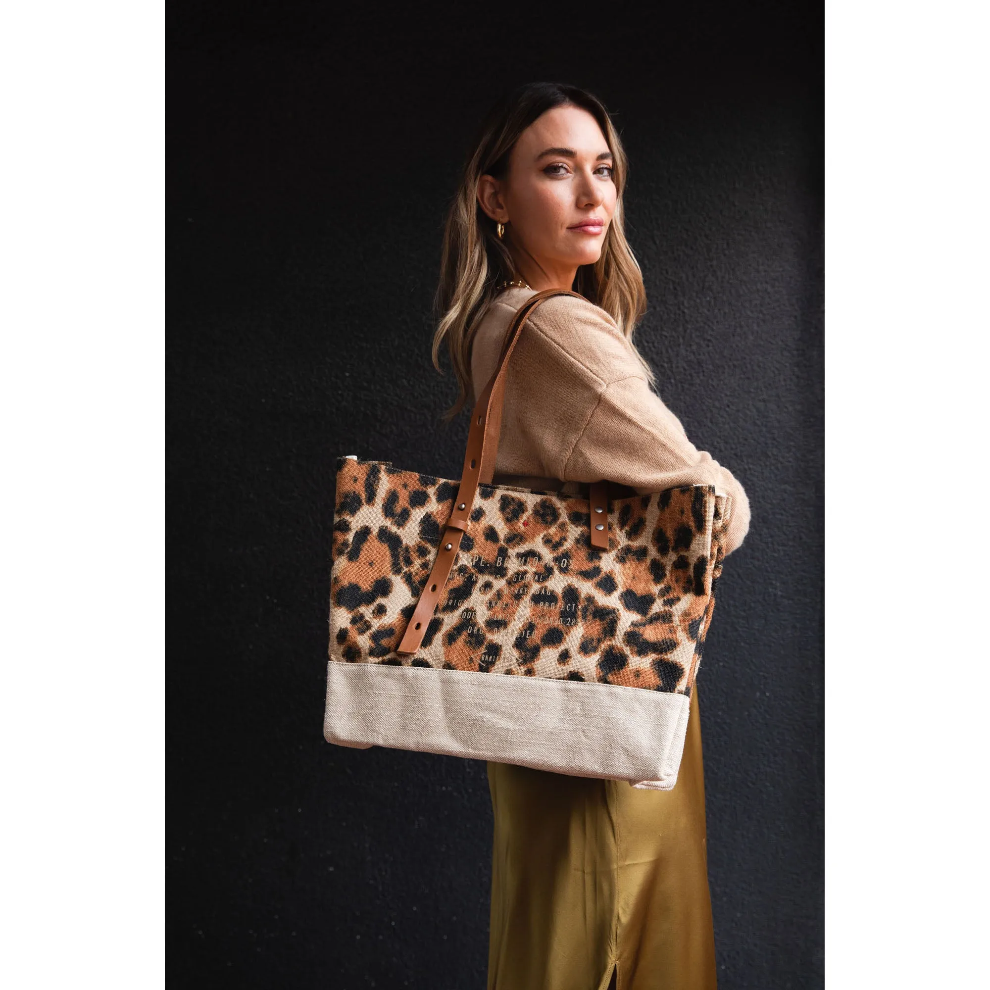 Shoulder Market Bag in Cheetah Print with Monogram