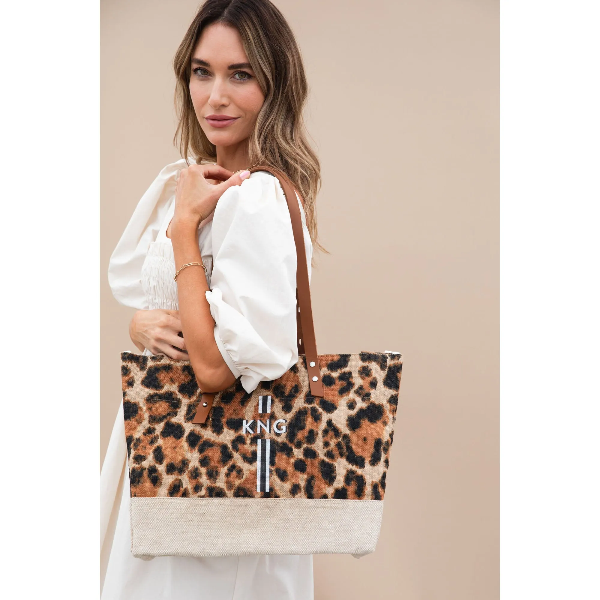 Shoulder Market Bag in Cheetah Print with Monogram