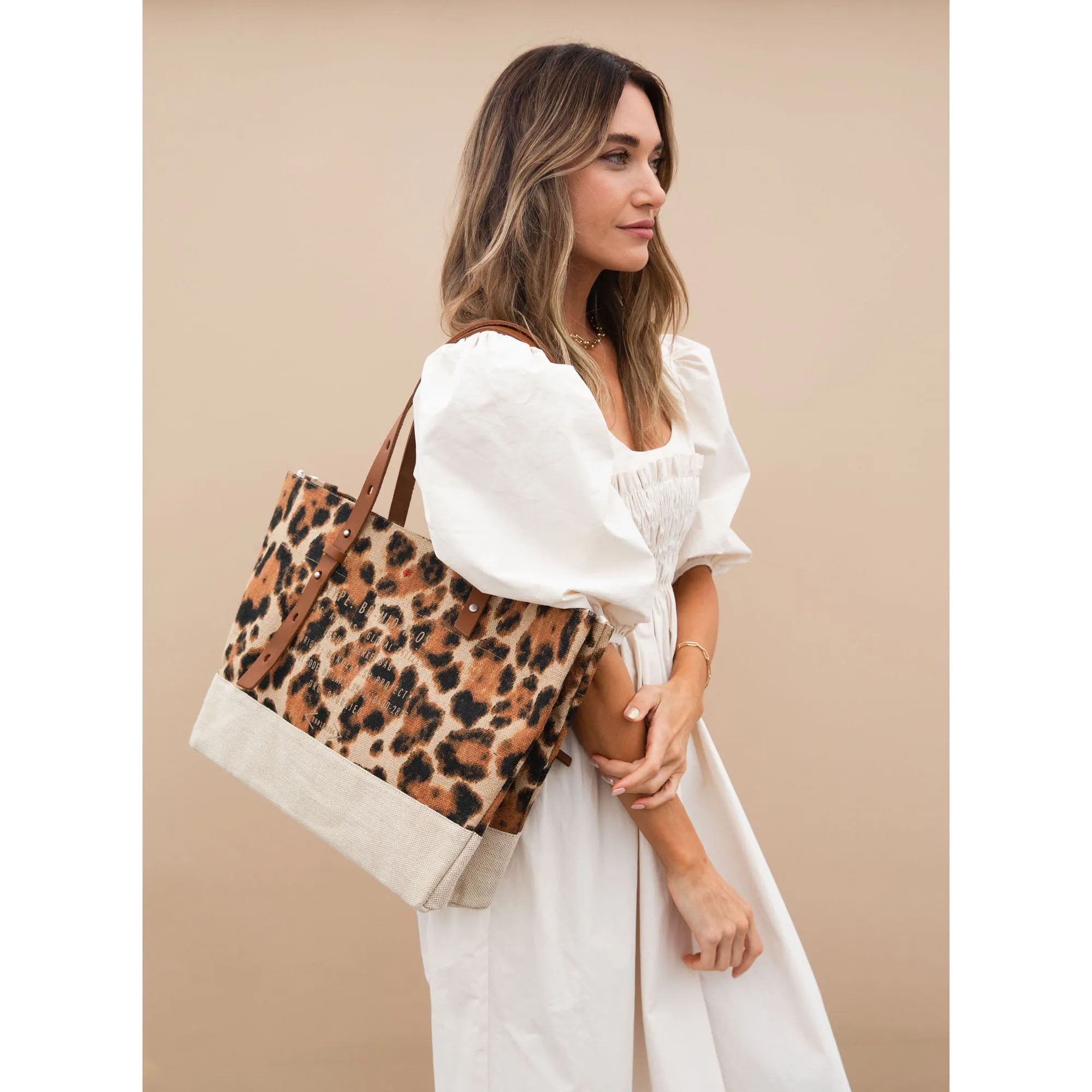 Shoulder Market Bag in Cheetah Print with Monogram