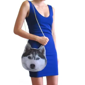 Siberian Husky Dog Face Shaped Animal Themed Vinyl Cross Shoulder Bag