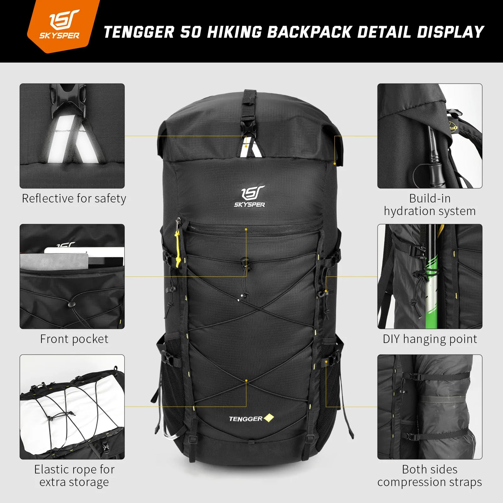 TENGGER50 - SKYSPER 50L   10L Backpacking Backpack with Rolling Top & Waterproof Rain Cover