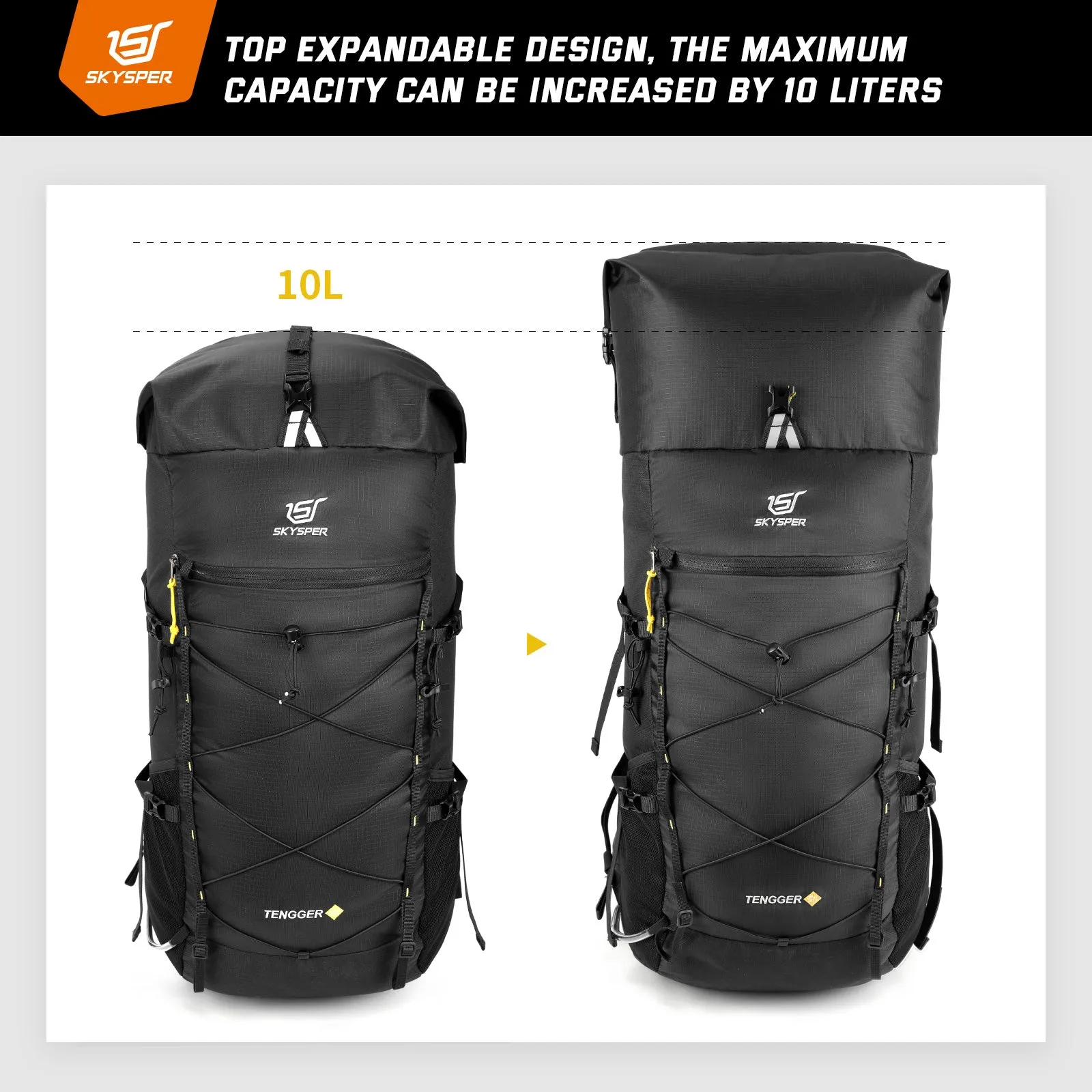 TENGGER50 - SKYSPER 50L   10L Backpacking Backpack with Rolling Top & Waterproof Rain Cover