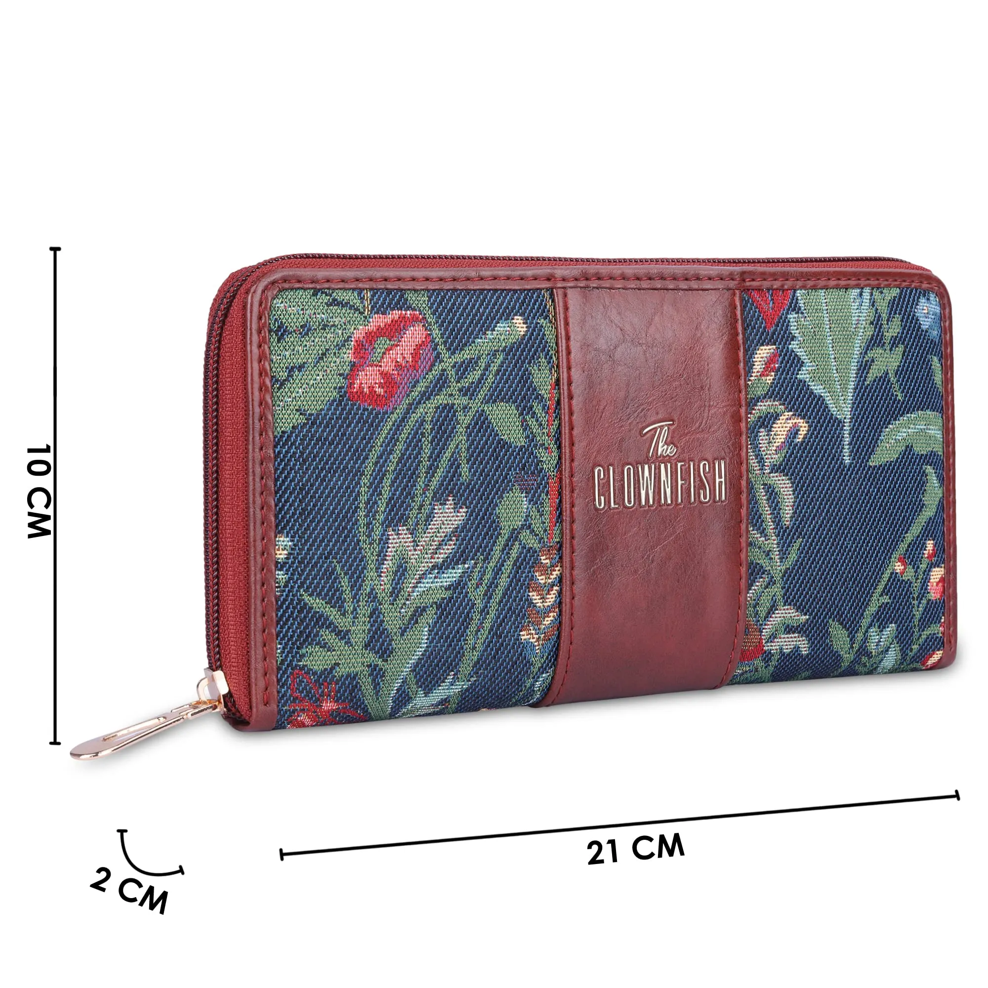 THE CLOWNFISH Aria Collection Tapestry Fabric & Faux Leather Zip Around Style Womens Wallet Clutch Ladies Purse with Card Holders (Navy Blue- Floral)