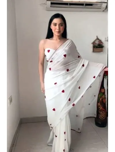 White Thread Work 1 Minute Saree Georgette Ready to Wear Sari